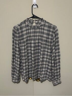 Rails Grey and White Plaid Ruffle-Neck Blouse